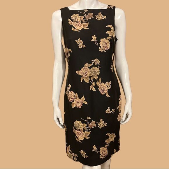 Vintage Linen Dress Jones New York Black Floral Sheath Size 8 - Picture 7 of 11